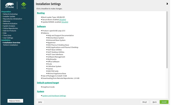 openSUSE Review Installation Settings