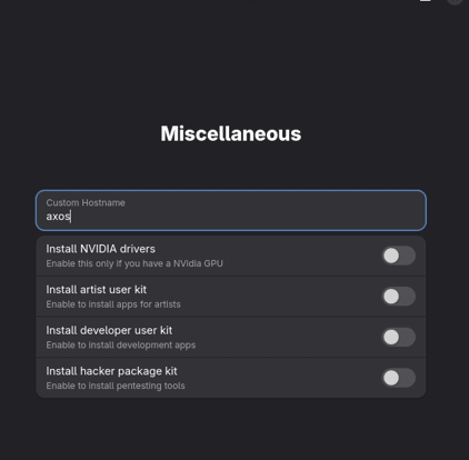 Configure drivers (e.g., NVIDIA), optional packages, and swap size.