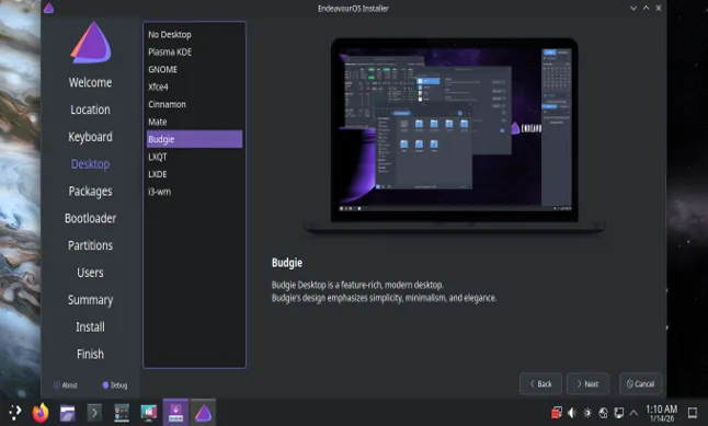 EndeavourOS installing with Budgie Edition