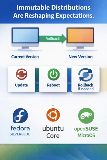Immutable Linux distribution update and rollback process diagram