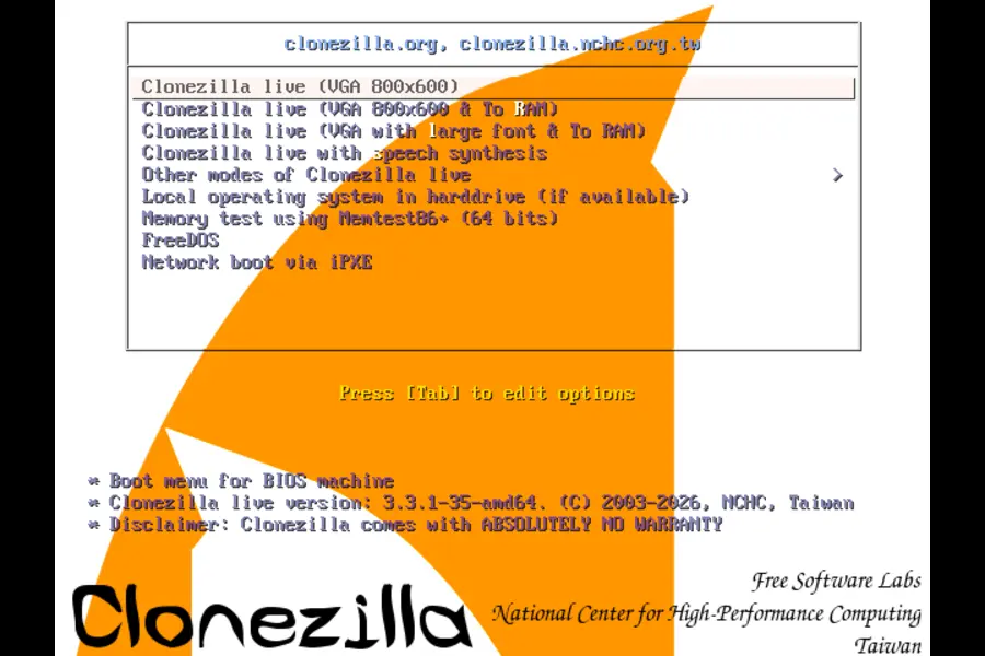 Clonezilla boot screen